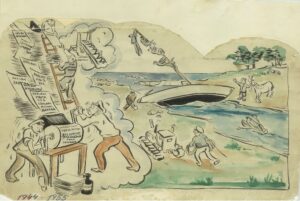 Purjetaja-karikaturist Evald Pihu tabav joonistus riigitegelaste paigalmarsist 1944–1955 Pirita jõesuudme süvendamisel ja purjespordi arendamisel. Foto: Sulev Roosma erakogu